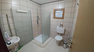 uma casa de banho com um chuveiro, um WC e um lavatório. em Kings of Hermon - Electric Vehicles Friendly! em Majdal Shams
