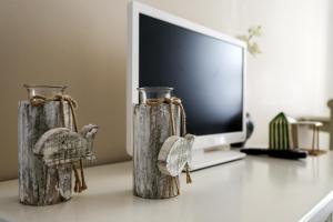 twee vazen op een tafel voor een tv bij Casa do Zézêras in Nazaré