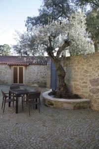 a table and chairs and a tree in front of a building at Casas do Regato in Castelo Branco