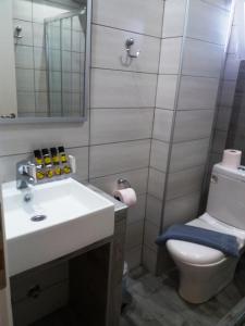 a bathroom with a sink and a toilet and a mirror at Villa Riviera in Stavros