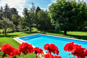 a swimming pool in a yard with red flowers at Residence Perwanger in Völs am Schlern