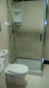 ネルハにあるApartamento Cala de Nerja IIのバスルーム(トイレ、ガラスドア付きのシャワー付)