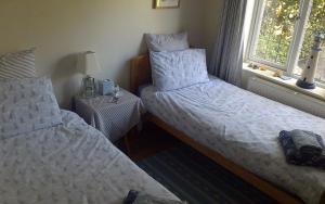 a bedroom with two beds and a table with a lamp at Hillview in Saint Margaretʼs at Cliffe
