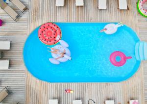 an illustration of a pool with a mermaid and a melon and swans at Maison Hirondelles Hôtes in Mézières-sur-Issoire