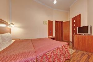 a bedroom with a bed and a flat screen tv at Atria Guest House in Saint Petersburg