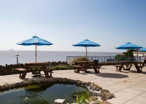 a group of picnic tables with umbrellas and a pond at Anchor Head Hotel in Weston-super-Mare