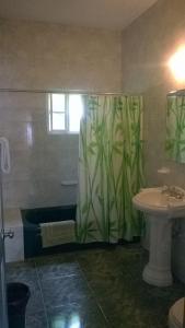 a bathroom with a shower and a sink and a tub at Fairy Hill Palms in Port Antonio