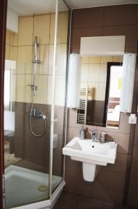a bathroom with a sink and a shower at Hotel Premier in Sibiu