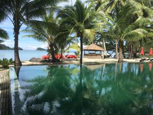een zwembad met palmbomen en een strand bij Absolute Beachfront Villa in Ko Chang
