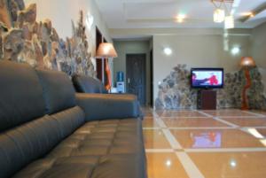 a living room with a couch and a television at Elite House in Bakuriani