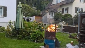 a fire pit in a yard next to a umbrella at Ferienwohnung Huber in Dornbirn