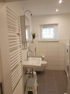 ein Bad mit einem Waschbecken, einem WC und einem Fenster in der Unterkunft Ferienwohnung Ulmrich in Kesselbach