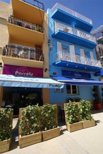 a blue building with some plants in wooden boxes at Parrots Sitges Hotel in Sitges
