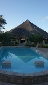 a swimming pool with a thatched building in the background at Xain Quaz Camp in Gobabis