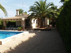 una casa con piscina y palmeras en Villa Pepito, en Riumar