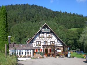 a large wooden house in front of a mountain at Landgasthof Untere Mühle in Alpirsbach