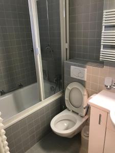 La salle de bains est pourvue de toilettes, d'une baignoire et d'un lavabo. dans l'établissement Ferienwohnung Parkareal Davos, à Davos