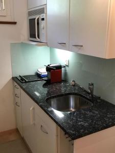 a kitchen counter with a sink and a microwave at Ferienwohnung Parkareal Davos in Davos