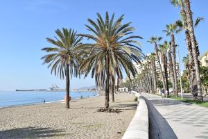 a beach with palm trees and a sidewalk at Apartamento Malagueta Gutenberg in Málaga