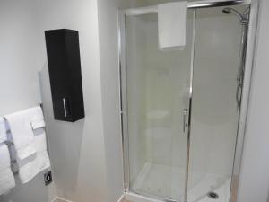 y baño con ducha y puerta de cristal. en Bethlehem Apartment, en Tauranga