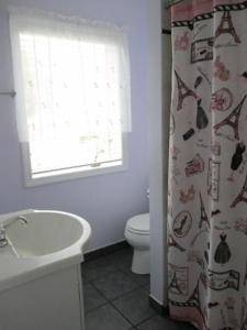 a bathroom with a toilet and a shower curtain at Ahoy Inn Guesthouse in Put-in-Bay