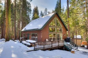 a log cabin in the woods in the snow at 7S Wawona Chalet in Wawona