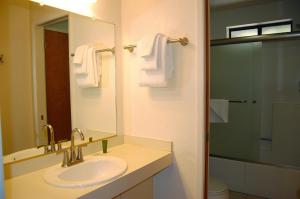 a bathroom with a sink and a mirror and towels at 23A Big Cedar in Wawona +10 photos