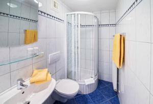 a bathroom with a toilet and a sink and a shower at Hotel Reichmann in Sankt Kanzian