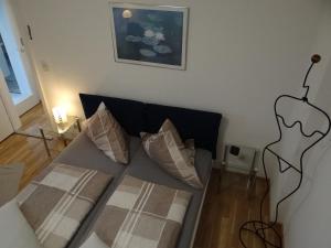 ein Wohnzimmer mit einem Sofa und Kissen in der Unterkunft Ferienwohnung Großwald in Saarbrücken