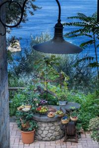 una luce a ciondolo appesa a un tavolo con piante di Villa Ketty Resort a Vico Equense