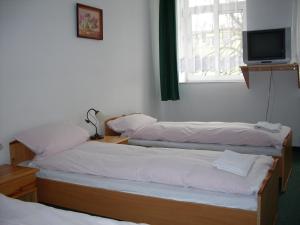 two beds in a room with a tv on the wall at Hotel Krokus in Kamienna Góra +46 photos