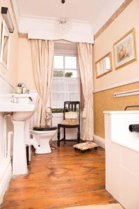 baño con lavabo y aseo y ventana en Priskilly Forest Country House, en Fishguard