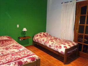 a bedroom with two beds and a green wall at Cabañas Ronca Hue in Tandil