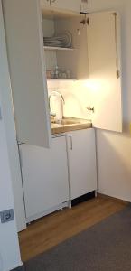 a small white kitchen with a sink and a counter at Studio mit schöner Aussicht in Bad Rothenfelde