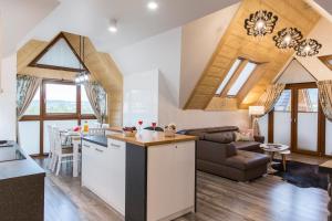 - une cuisine et un salon dans une maison avec fenêtres dans l'établissement Apartament PAJO III Ski RESORT, à Zakopane