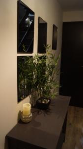 ショレにあるAu Saint Martin 2の蝋燭と植物の黒いテーブル