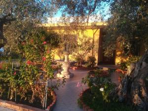 a garden with roses and a fountain in the middle at Calamona in Messina