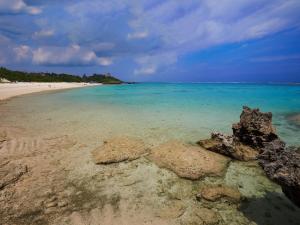 une plage de rochers dans le sable et l'eau dans l'établissement Cottage Sea Wind Nakijin, à Nakijin