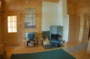 a living room with a tv and a wooden wall at Sirkku in Ruokolahti