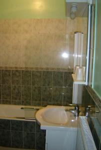 a bathroom with a sink and a bath tub at Hotel Restaurant du Lion d'Or in Château-Chinon