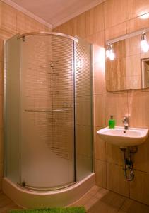 ein Bad mit einer Dusche und einem Waschbecken in der Unterkunft Gościniec Kuklówka in Radziejowice