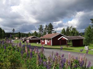 a row of houses on a road with purple flowers at Isaberg Golfklubb in Hestra