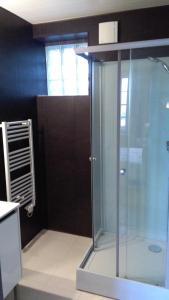 a bathroom with a shower with a glass door at Chez Maria in Guerlédan