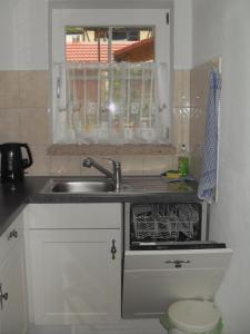 eine kleine Küche mit einem Waschbecken und einem Waschbecken in der Unterkunft Wohnen Im Topf in Quedlinburg