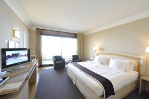 a hotel room with two beds and a television at Hotel Acquaviva Del Garda in Desenzano del Garda