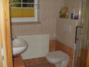 bagno con servizi igienici e lavandino di Wohnen Im Topf a Quedlinburg