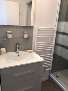 a bathroom with a sink and a shower at Fenêtres sur Mer Arromanches in Arromanches-les-Bains +14 photos