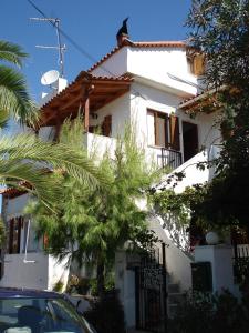 a white house with a palm tree in front of it at Stella Rooms in Kardamili