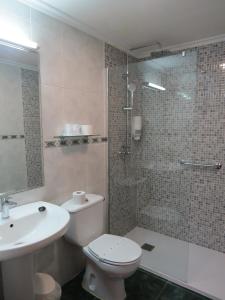 ein Bad mit einem WC, einem Waschbecken und einer Dusche in der Unterkunft Hotel Anunciada in Baiona