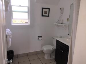 ein weißes Bad mit einem WC und einem Waschbecken in der Unterkunft Westward Inn in Brookings